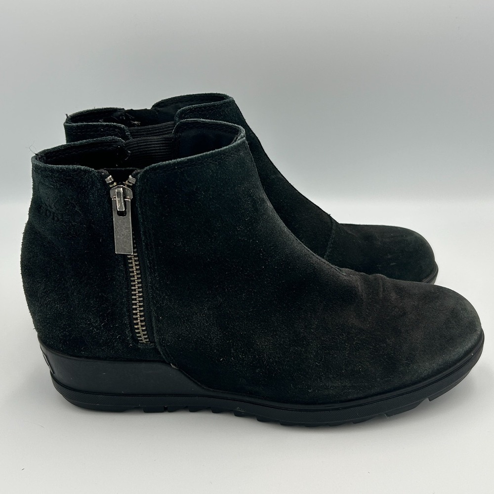 Sorel Womens Evie Black Nubuck Leather Low Hidden Wedge Ankle Booties Zip Size 8